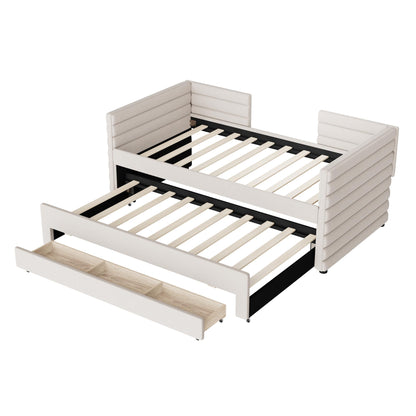 Twin Size Upholstered Daybed with Trundle and 3 Storage Drawers, Short-haired Linen Fabric Sofa Bed for Guest Room, Living Room, Space-Saving Modern Day Bed Frame, No Box Spring Needed, Beige