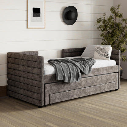 Twin Size Upholstered Daybed with Trundle and 3 Storage Drawers, Chenille Fabric Sofa Bed for Guest Room, Living Room, Space-Saving Modern Day Bed Frame, No Box Spring Needed,Gray