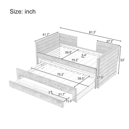 Twin Size Upholstered Daybed with Trundle and 3 Storage Drawers, Chenille Fabric Sofa Bed for Guest Room, Living Room, Space-Saving Modern Day Bed Frame, No Box Spring Needed,Gray