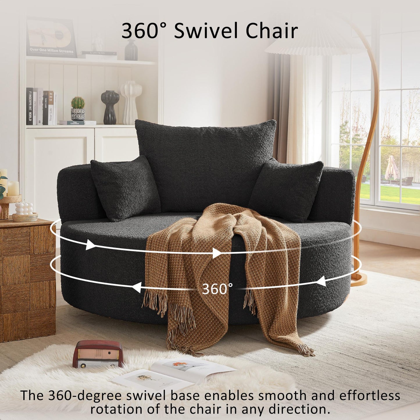 360° Swivel Chair Accent Barrel Chair Swivel Round Sofa Chair with 3 Removable Pillows for Living Room, Bedroom, Office and Hotel, Black
