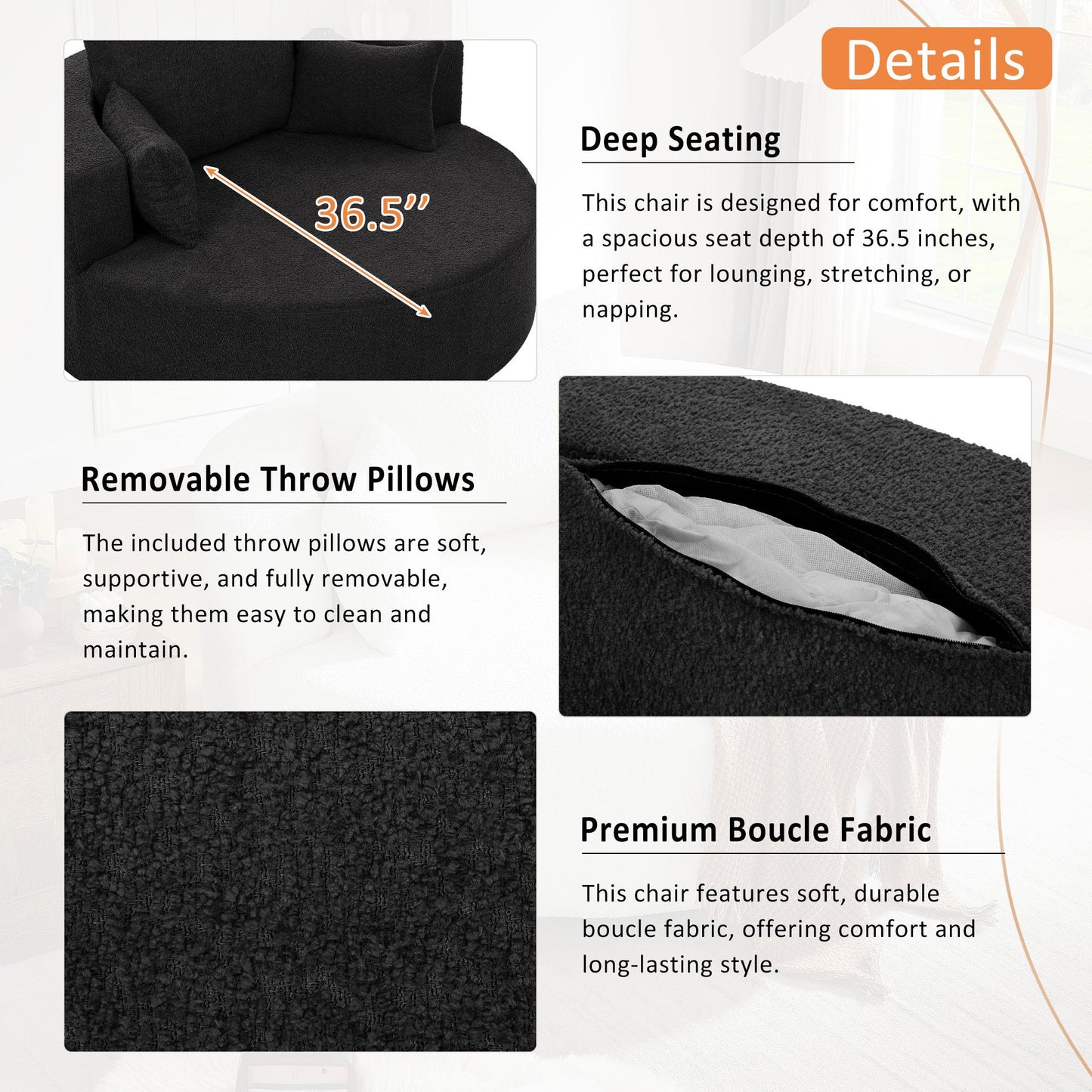 360° Swivel Chair Accent Barrel Chair Swivel Round Sofa Chair with 3 Removable Pillows for Living Room, Bedroom, Office and Hotel, Black