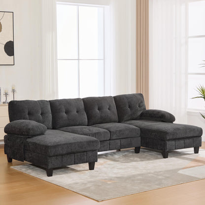 U-shaped Sectional Sofa 103.5" Chenille Fabric Couch with Dual Chaise Lounges, Storage Pockets and Armrest Pillows for Living Room, Black