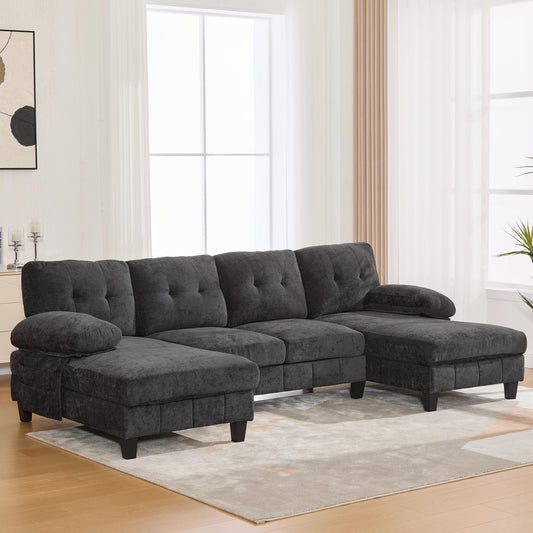 U-shaped Sectional Sofa 103.5" Chenille Fabric Couch with Dual Chaise Lounges, Storage Pockets and Armrest Pillows for Living Room, Black