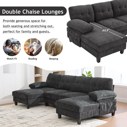 U-shaped Sectional Sofa 103.5" Chenille Fabric Couch with Dual Chaise Lounges, Storage Pockets and Armrest Pillows for Living Room, Black