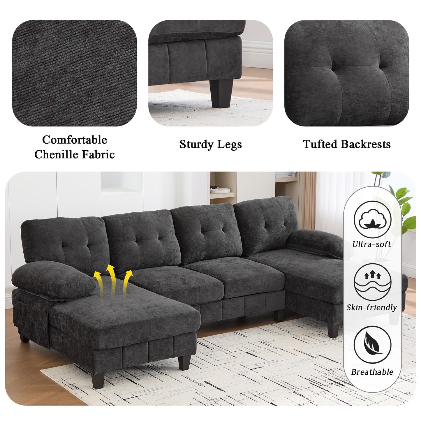 U-shaped Sectional Sofa 103.5" Chenille Fabric Couch with Dual Chaise Lounges, Storage Pockets and Armrest Pillows for Living Room, Black