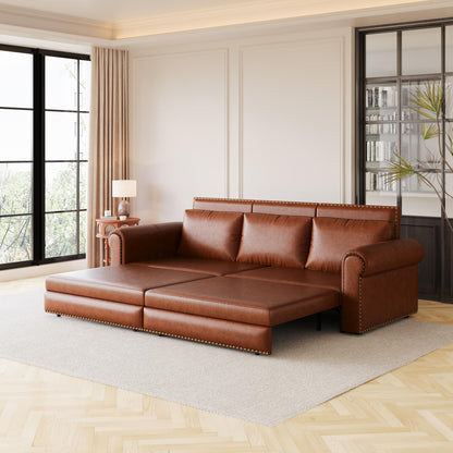 Chesterfield Sofa,93.7" King Pull Out Sofa Bed,3-in-1 Faux Leather Convertible Sleeper Sofa with Nailhead Trim & Rolled Arm,Multi-Functional Sofa Bed for Living Room,Light Brown(old sku:W1885S00034)