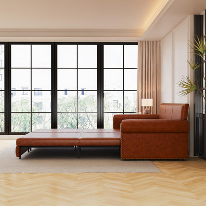 Chesterfield Sofa,93.7" King Pull Out Sofa Bed,3-in-1 Faux Leather Convertible Sleeper Sofa with Nailhead Trim & Rolled Arm,Multi-Functional Sofa Bed for Living Room,Light Brown(old sku:W1885S00034)