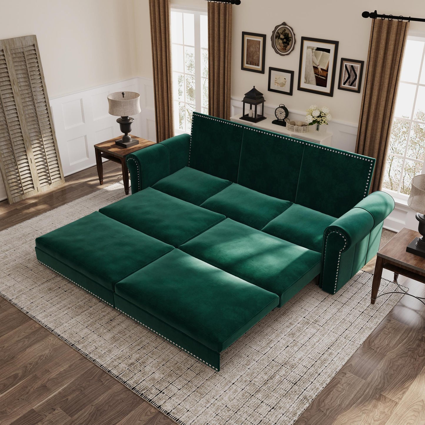 Chesterfield Sofa,93.7" King Pull Out Sofa Bed,3-in-1 Velvet Convertible Sleeper Sofa with Nailhead Trim & Rolled Arm,Multi-Functional Sofa Bed for Living Room,Bedroom,Green(old sku:W1885S00038)