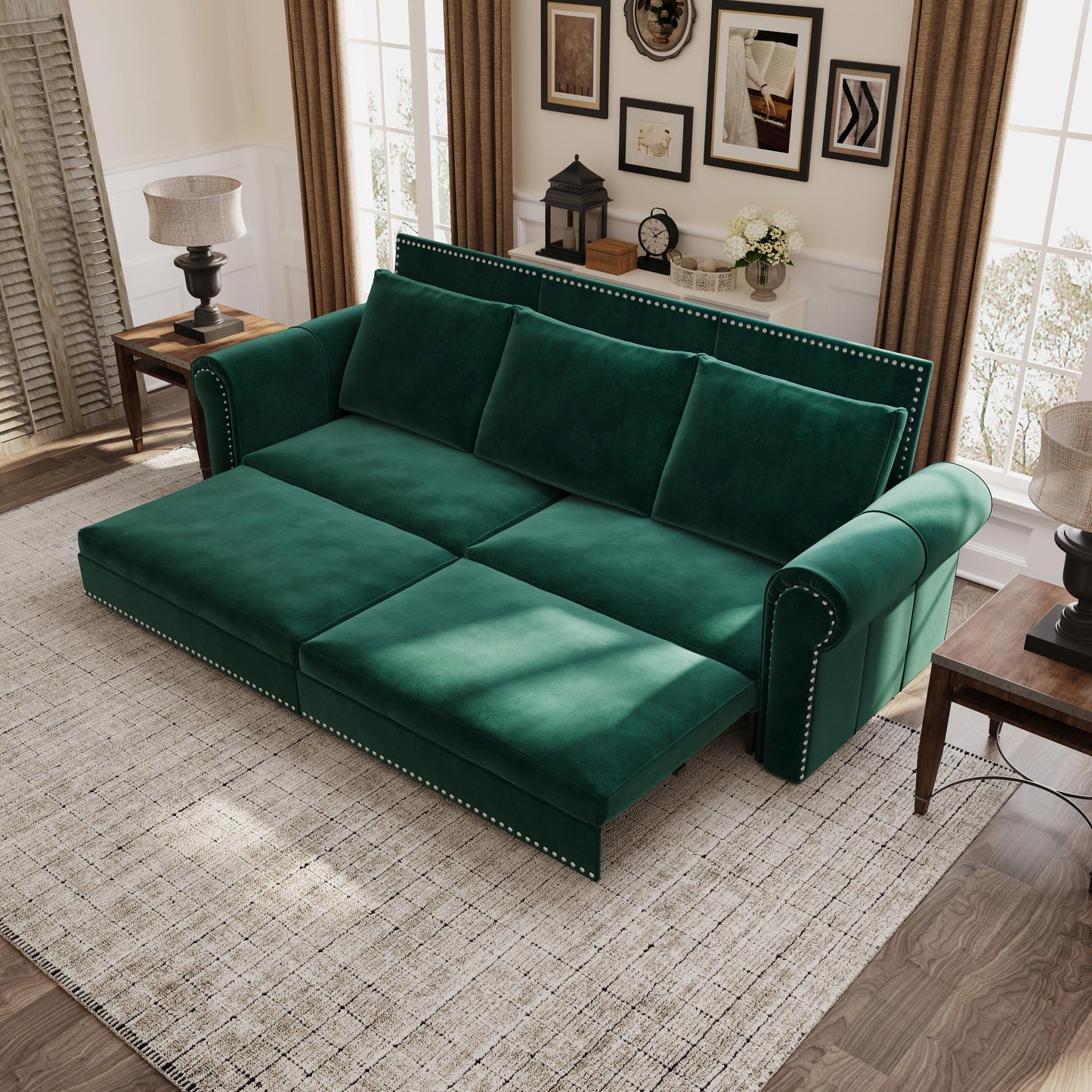 Chesterfield Sofa,93.7" King Pull Out Sofa Bed,3-in-1 Velvet Convertible Sleeper Sofa with Nailhead Trim & Rolled Arm,Multi-Functional Sofa Bed for Living Room,Bedroom,Green(old sku:W1885S00038)