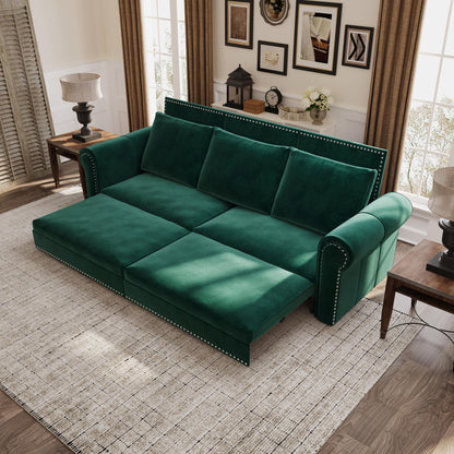 Chesterfield Sofa,93.7" King Pull Out Sofa Bed,3-in-1 Velvet Convertible Sleeper Sofa with Nailhead Trim & Rolled Arm,Multi-Functional Sofa Bed for Living Room,Bedroom,Green(old sku:W1885S00038)