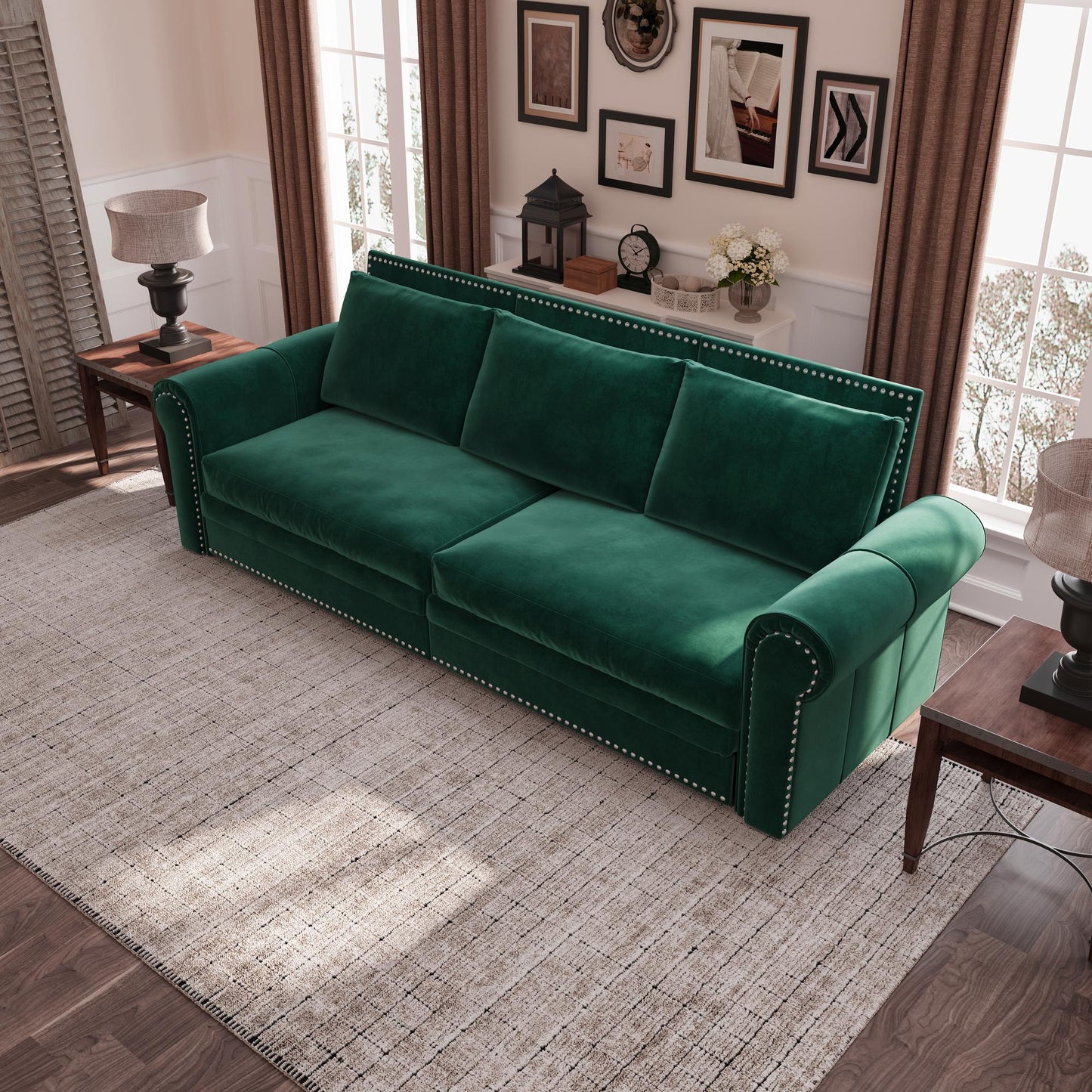 Chesterfield Sofa,93.7" King Pull Out Sofa Bed,3-in-1 Velvet Convertible Sleeper Sofa with Nailhead Trim & Rolled Arm,Multi-Functional Sofa Bed for Living Room,Bedroom,Green(old sku:W1885S00038)