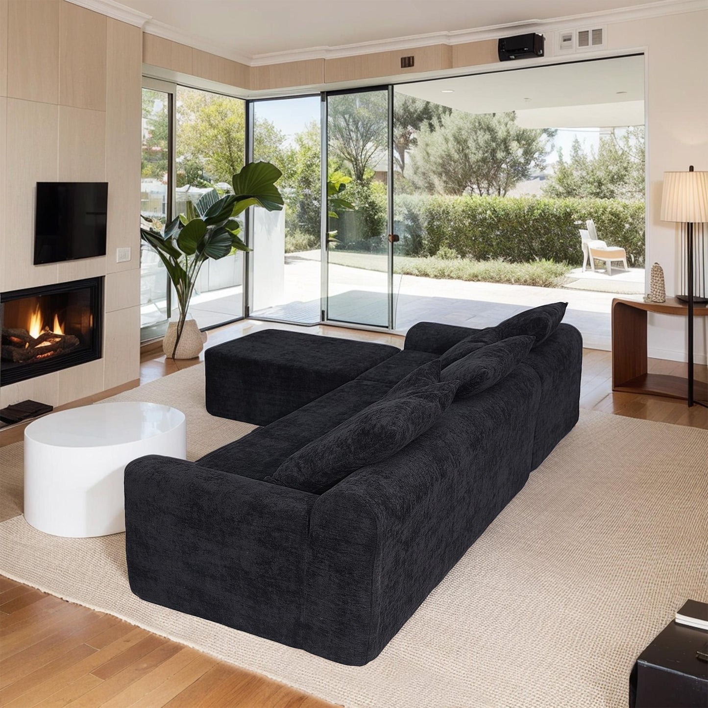 111.2" Modern L-Shaped Sectional Sofa – Modular Couch with Adjustable Configurations, Soft Melange chenille Fabric in Black, Stylish & Comfortable for Living Room, Bedroom, and Lounge Areas