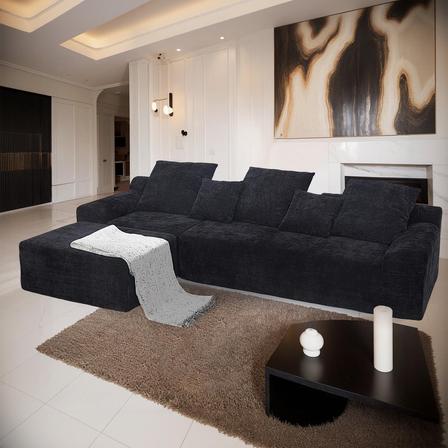 111.2" Modern L-Shaped Sectional Sofa – Modular Couch with Adjustable Configurations, Soft Melange chenille Fabric in Black, Stylish & Comfortable for Living Room, Bedroom, and Lounge Areas