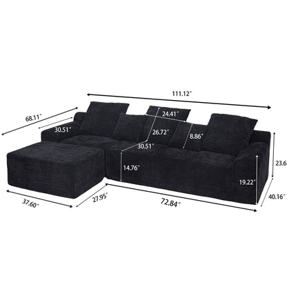111.2" Modern L-Shaped Sectional Sofa – Modular Couch with Adjustable Configurations, Soft Melange chenille Fabric in Black, Stylish & Comfortable for Living Room, Bedroom, and Lounge Areas