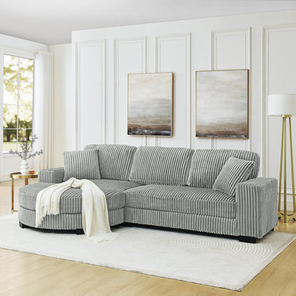 Corduroy Tufted Upholstered Sleeper Sectional Sofa, L-Shaped Modular Convertible Sofa , The arc-shaped footstool can be placed freely on the left and right-Gray