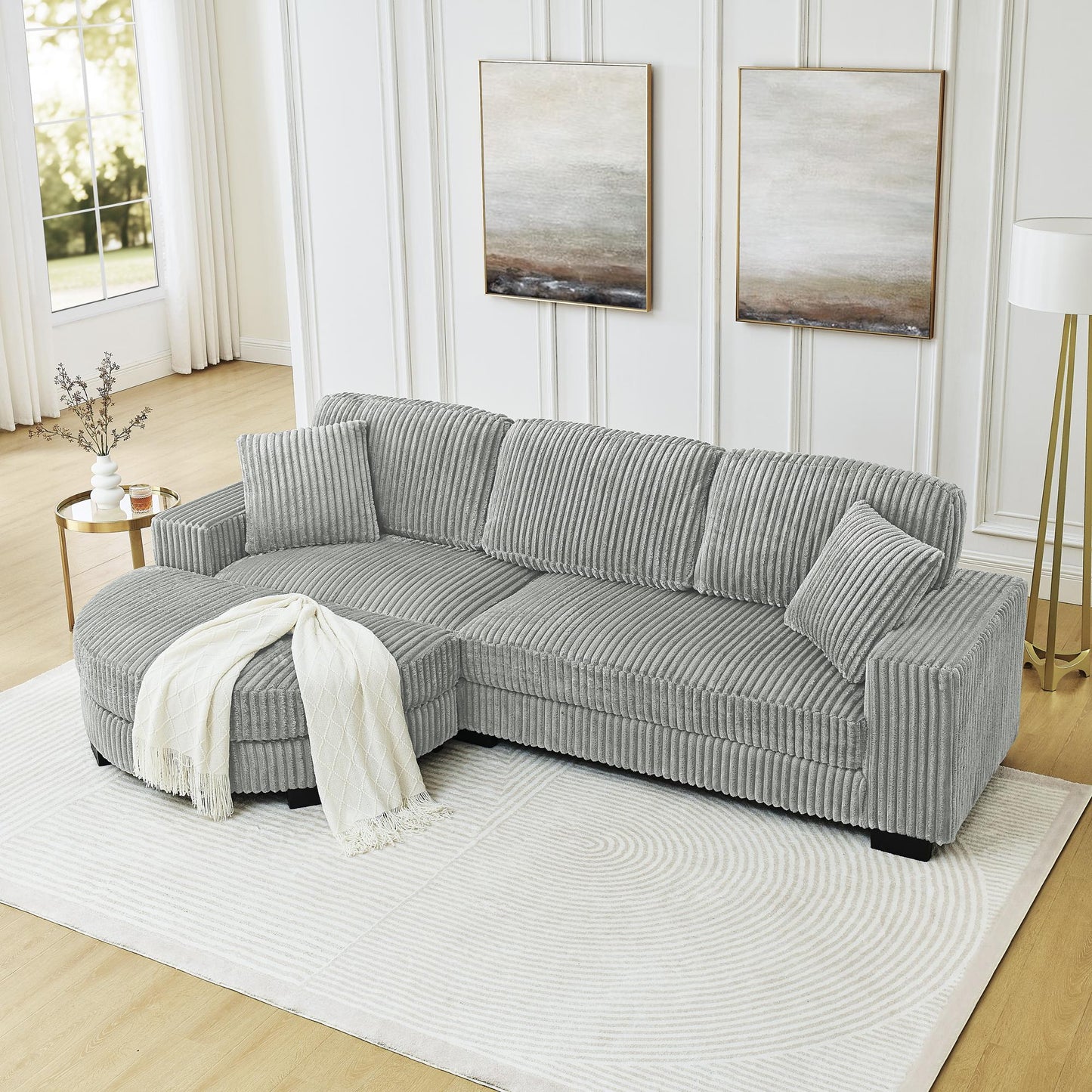 Corduroy Tufted Upholstered Sleeper Sectional Sofa, L-Shaped Modular Convertible Sofa , The arc-shaped footstool can be placed freely on the left and right-Gray
