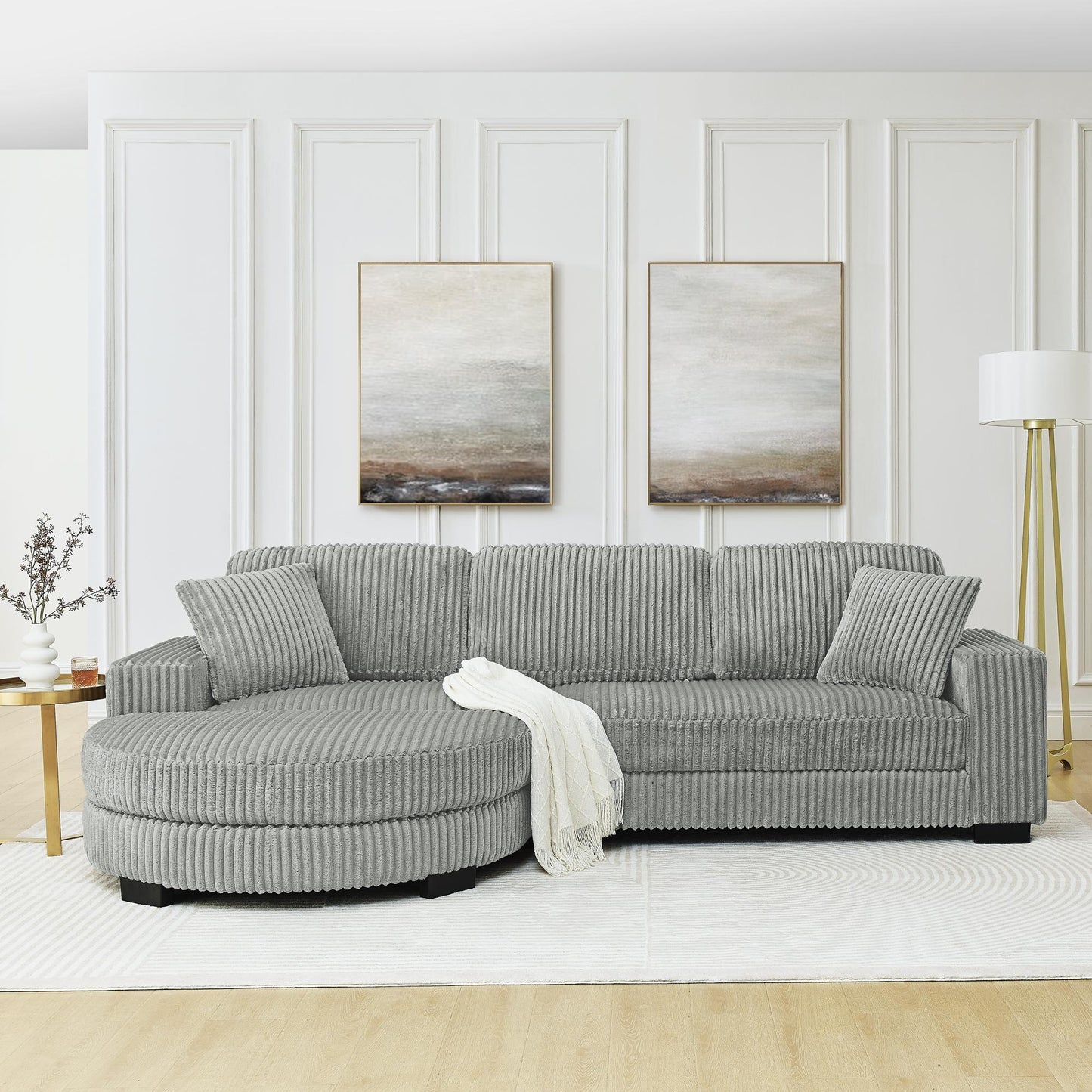 Corduroy Tufted Upholstered Sleeper Sectional Sofa, L-Shaped Modular Convertible Sofa , The arc-shaped footstool can be placed freely on the left and right-Gray
