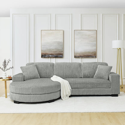 Corduroy Tufted Upholstered Sleeper Sectional Sofa, L-Shaped Modular Convertible Sofa , The arc-shaped footstool can be placed freely on the left and right-Gray