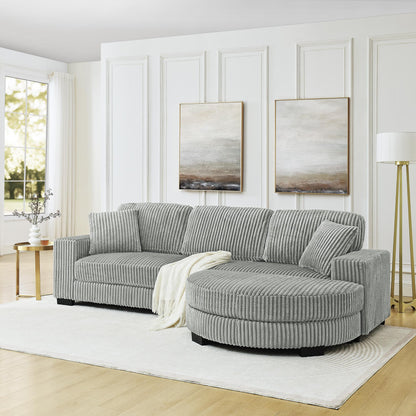 Corduroy Tufted Upholstered Sleeper Sectional Sofa, L-Shaped Modular Convertible Sofa , The arc-shaped footstool can be placed freely on the left and right-Gray