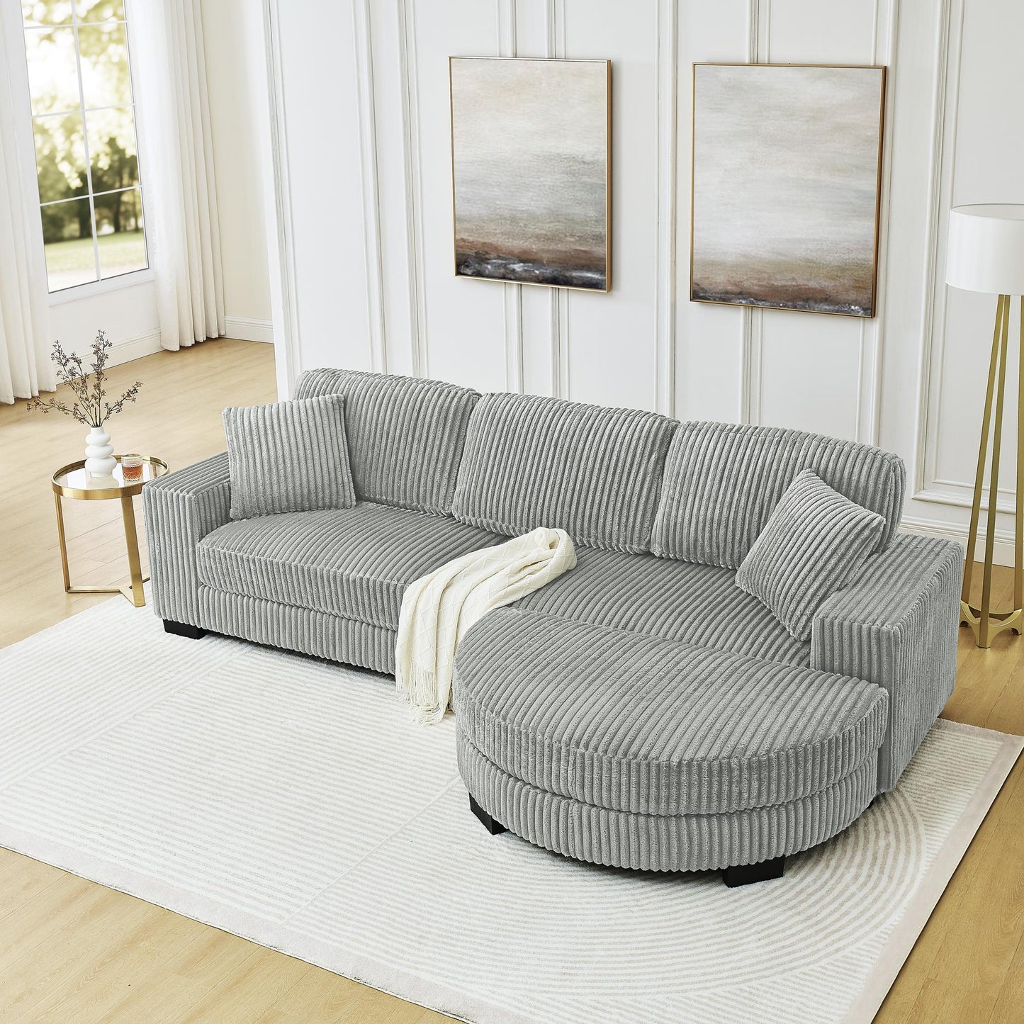 Corduroy Tufted Upholstered Sleeper Sectional Sofa, L-Shaped Modular Convertible Sofa , The arc-shaped footstool can be placed freely on the left and right-Gray