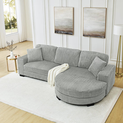 Corduroy Tufted Upholstered Sleeper Sectional Sofa, L-Shaped Modular Convertible Sofa , The arc-shaped footstool can be placed freely on the left and right-Gray