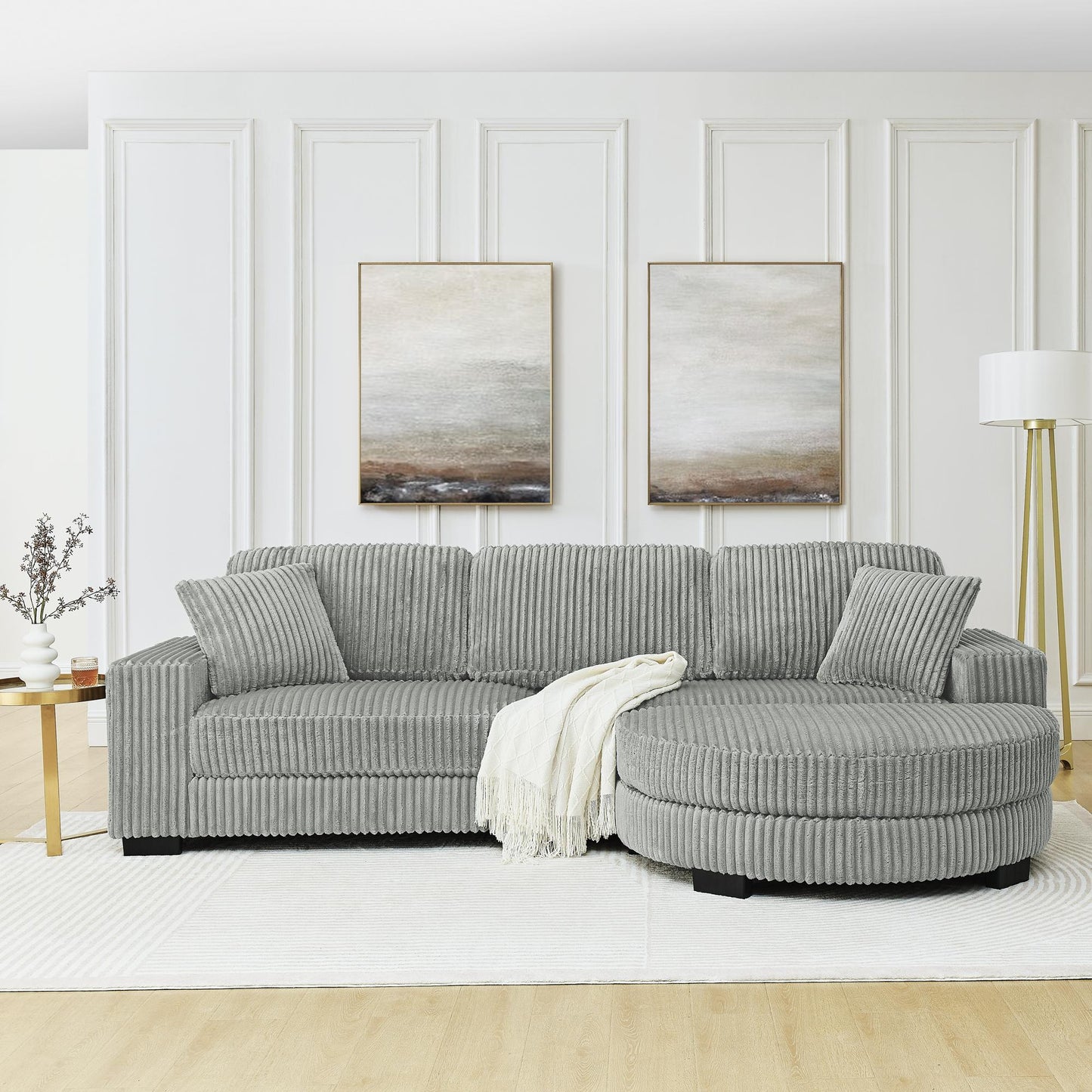 Corduroy Tufted Upholstered Sleeper Sectional Sofa, L-Shaped Modular Convertible Sofa , The arc-shaped footstool can be placed freely on the left and right-Gray