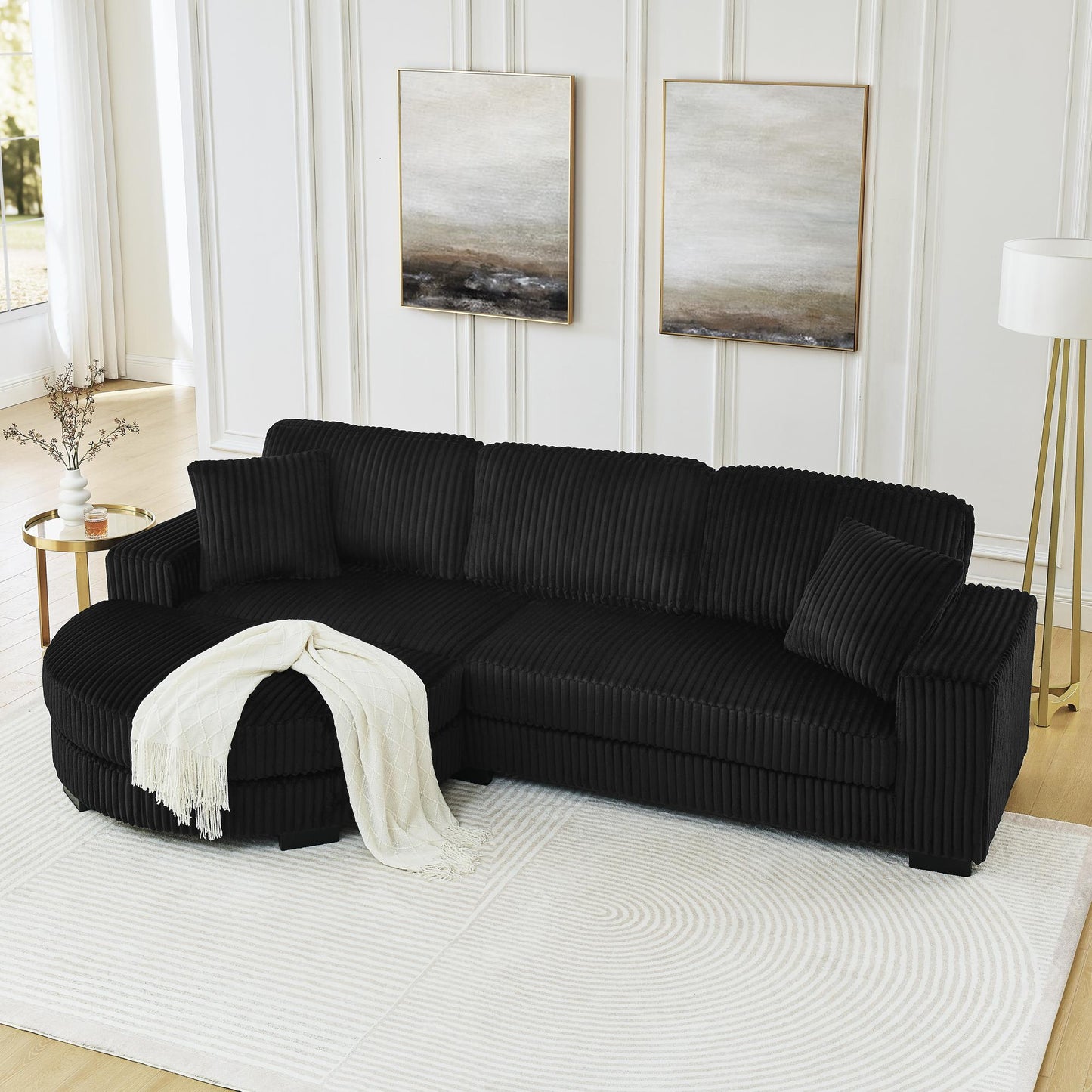 Corduroy Tufted Upholstered Sleeper Sectional Sofa, L-Shaped Modular Convertible Sofa , The arc-shaped footstool can be placed freely on the left and right-Black