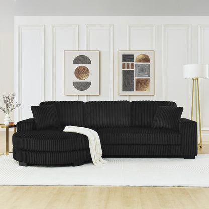 Corduroy Tufted Upholstered Sleeper Sectional Sofa, L-Shaped Modular Convertible Sofa , The arc-shaped footstool can be placed freely on the left and right-Black