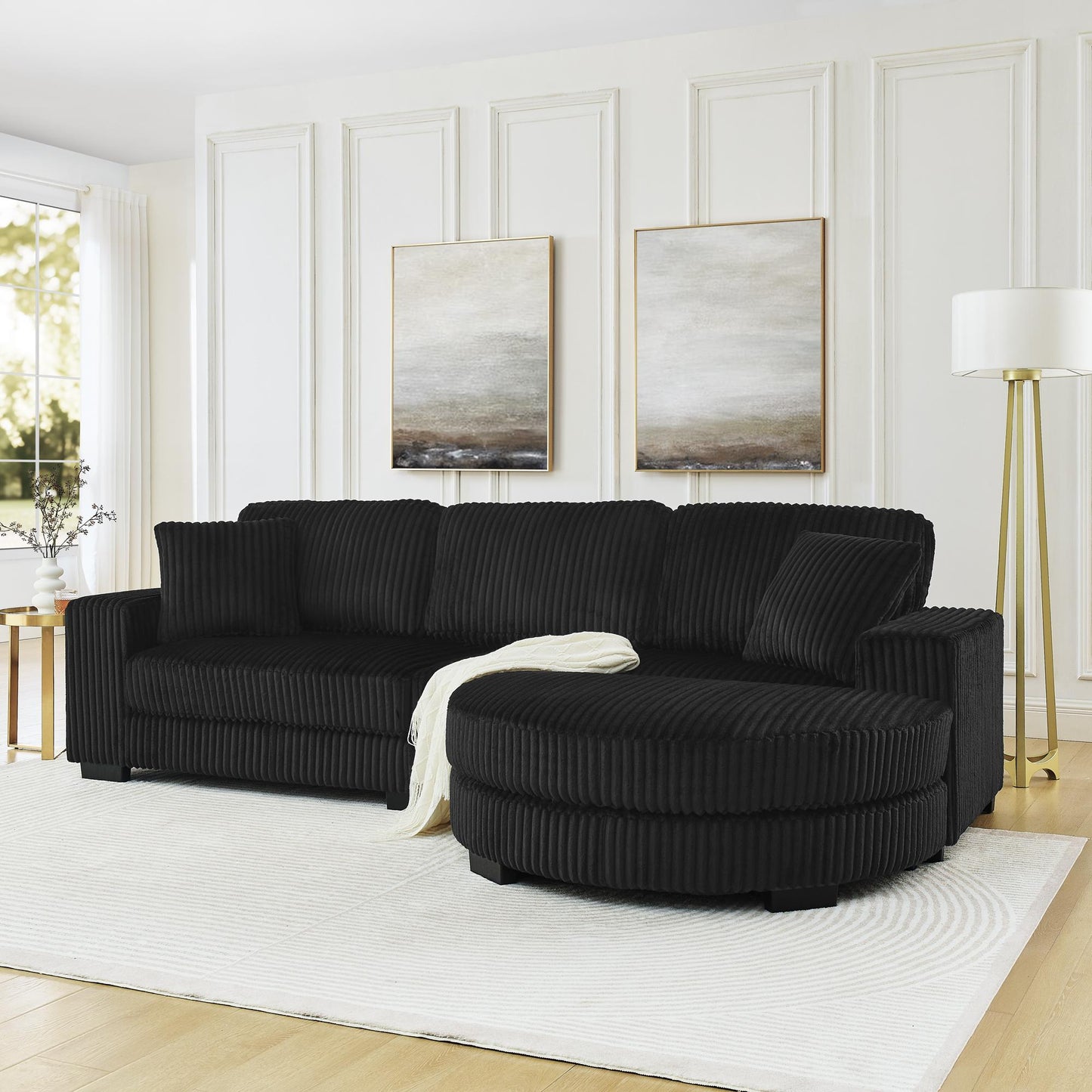 Corduroy Tufted Upholstered Sleeper Sectional Sofa, L-Shaped Modular Convertible Sofa , The arc-shaped footstool can be placed freely on the left and right-Black