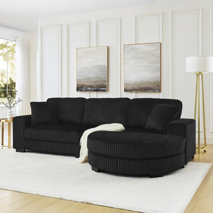 Corduroy Tufted Upholstered Sleeper Sectional Sofa, L-Shaped Modular Convertible Sofa , The arc-shaped footstool can be placed freely on the left and right-Black