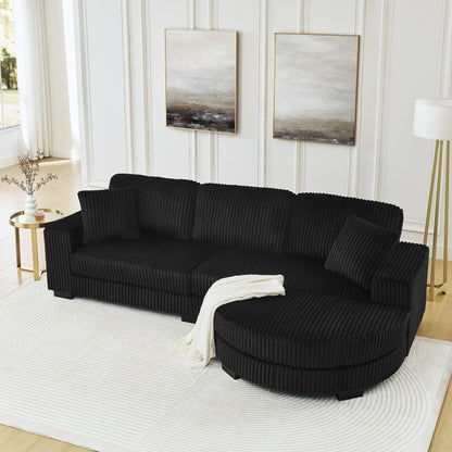 Corduroy Tufted Upholstered Sleeper Sectional Sofa, L-Shaped Modular Convertible Sofa , The arc-shaped footstool can be placed freely on the left and right-Black