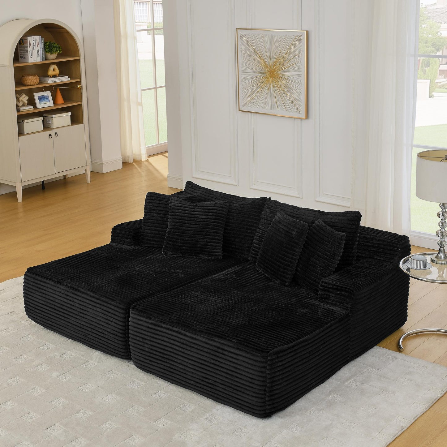 Two-seater lazy sofa lounge chair,Compressed sofa no assembly required, made of velvet fabric, fluffy modern  lounge chair, used for indoor living rooms and bedrooms-Black
