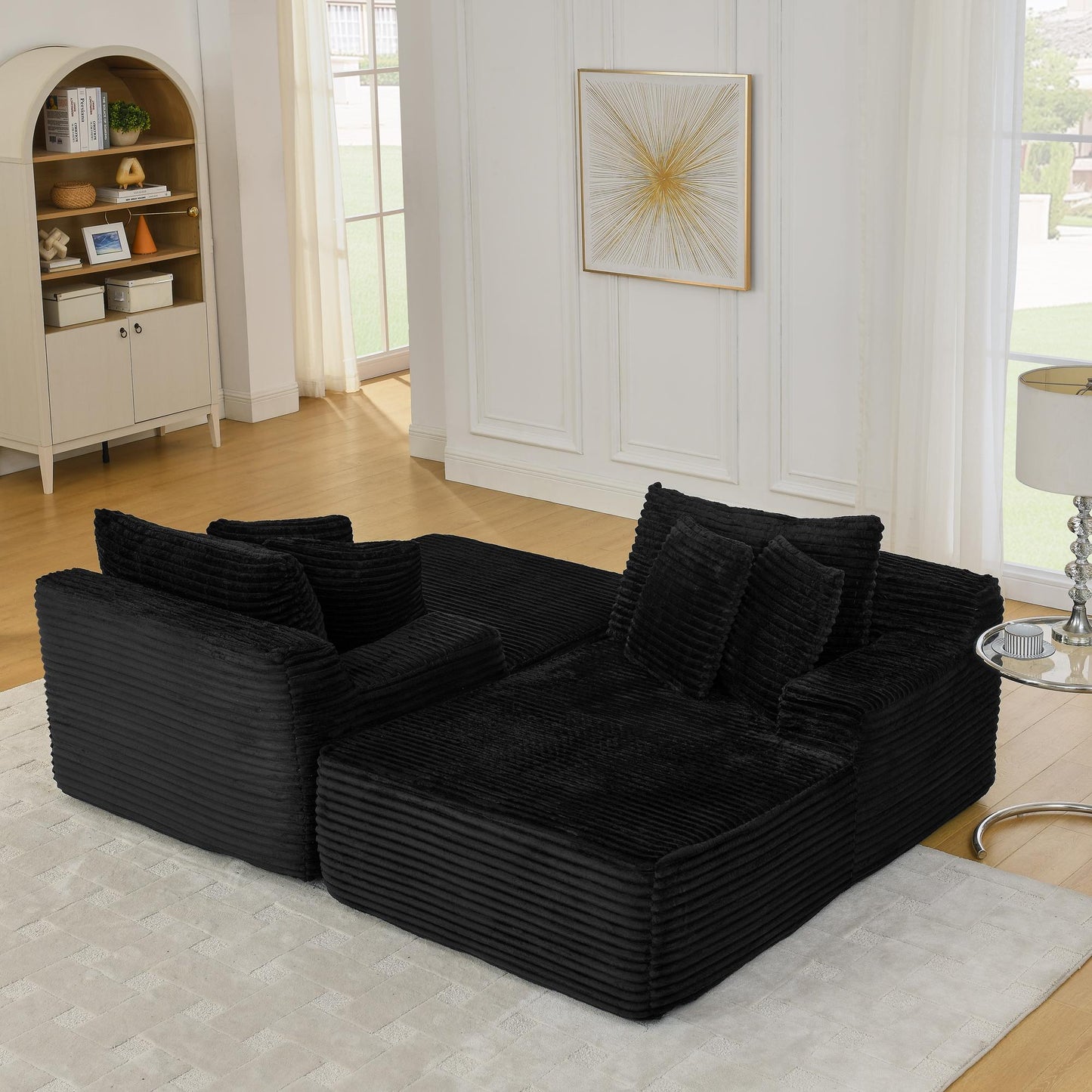 Two-seater lazy sofa lounge chair,Compressed sofa no assembly required, made of velvet fabric, fluffy modern  lounge chair, used for indoor living rooms and bedrooms-Black