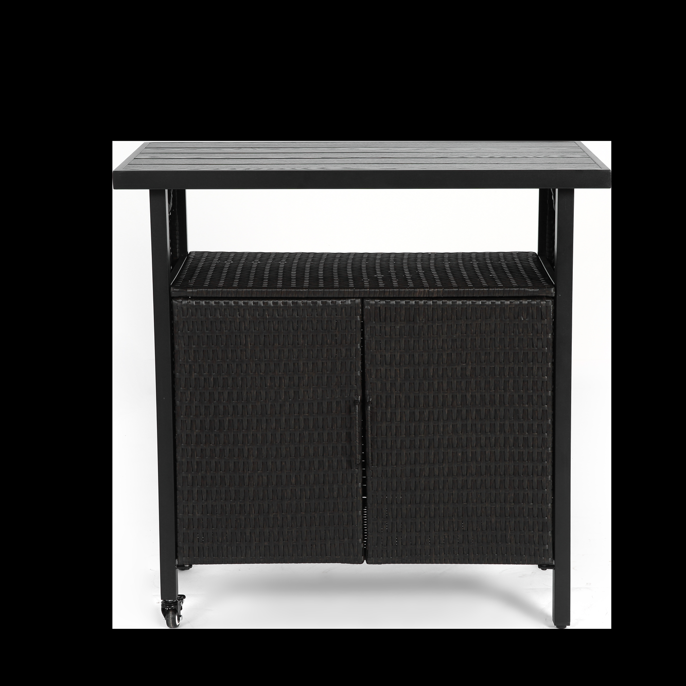 Outdoor Wicker Bar Cart, Patio Wine Serving Cart w/Wheels , Rolling Rattan Beverage Bar Counter Table w/Glass Top for Porch Backyard Garden Poolside Party, Black