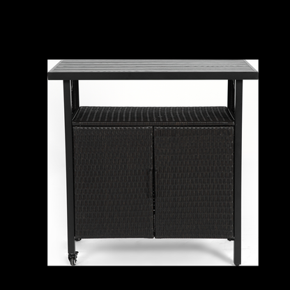 Outdoor Wicker Bar Cart, Patio Wine Serving Cart w/Wheels , Rolling Rattan Beverage Bar Counter Table w/Glass Top for Porch Backyard Garden Poolside Party, Black