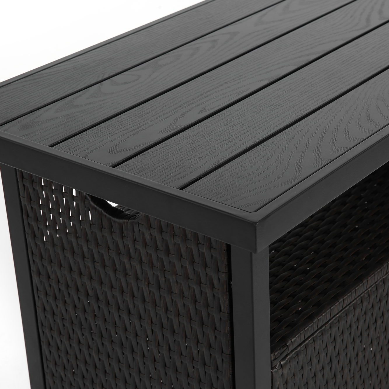 Outdoor Wicker Bar Cart, Patio Wine Serving Cart w/Wheels , Rolling Rattan Beverage Bar Counter Table w/Glass Top for Porch Backyard Garden Poolside Party, Black