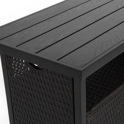 Outdoor Wicker Bar Cart, Patio Wine Serving Cart w/Wheels , Rolling Rattan Beverage Bar Counter Table w/Glass Top for Porch Backyard Garden Poolside Party, Black