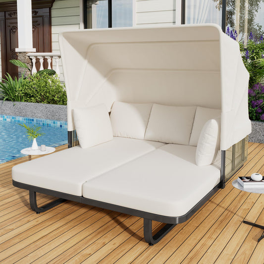 57" Outdoor Patio Daybed Rattan Daybed Outdoor Sunbed with Detachable Pillows for Patio, Backyard, Pool, Beige