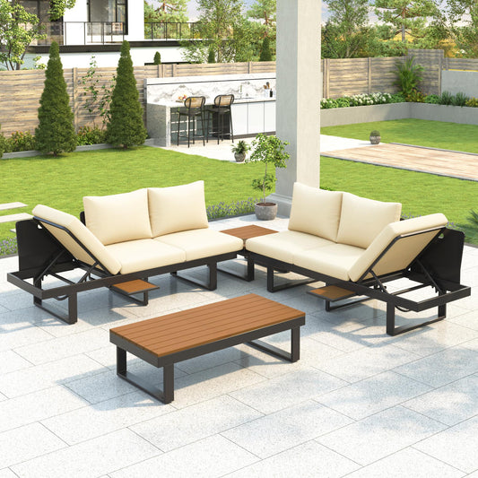 Outdoor Sectional Sofa Set Patio Conversation Set Patio Seating Group Outdoor Daybed with Adjustable Reclining Seats for Backyard, Poolside and Balcony,Beige