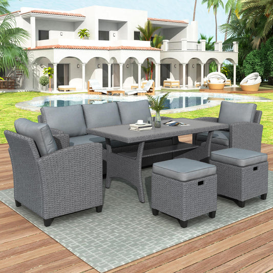 TOPMAX 6-Piece Outdoor Rattan Wicker Set Patio Garden Backyard Sofa, Chair, Stools and Table, Gray