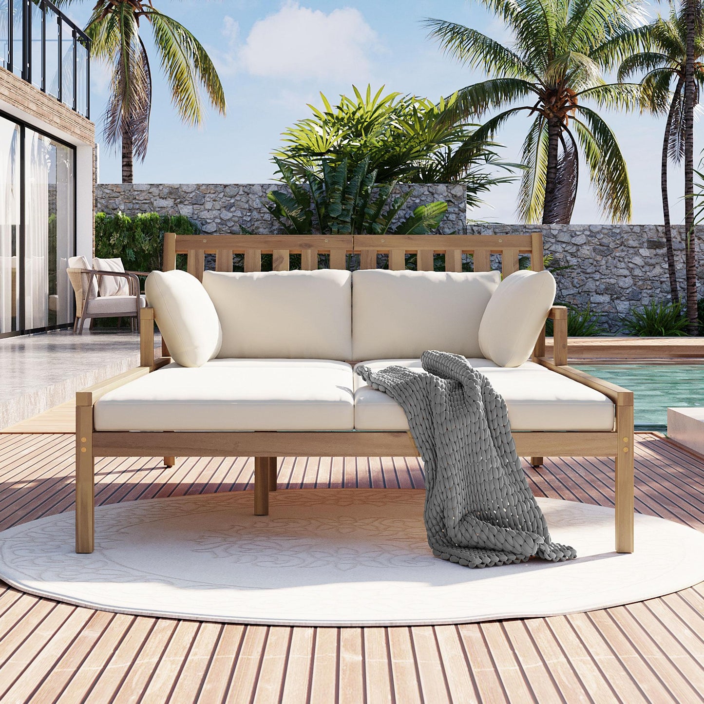 TREXM Outdoor Daybed, Patio Daybed with Four Pillows, Wooden Outdoor Bed with Curved Armrests for Poolside, Backyard, Garden (Light Teak+Beige Cushion)