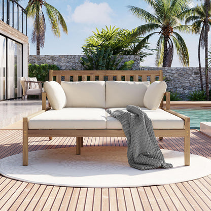 TREXM Outdoor Daybed, Patio Daybed with Four Pillows, Wooden Outdoor Bed with Curved Armrests for Poolside, Backyard, Garden (Light Teak+Beige Cushion)