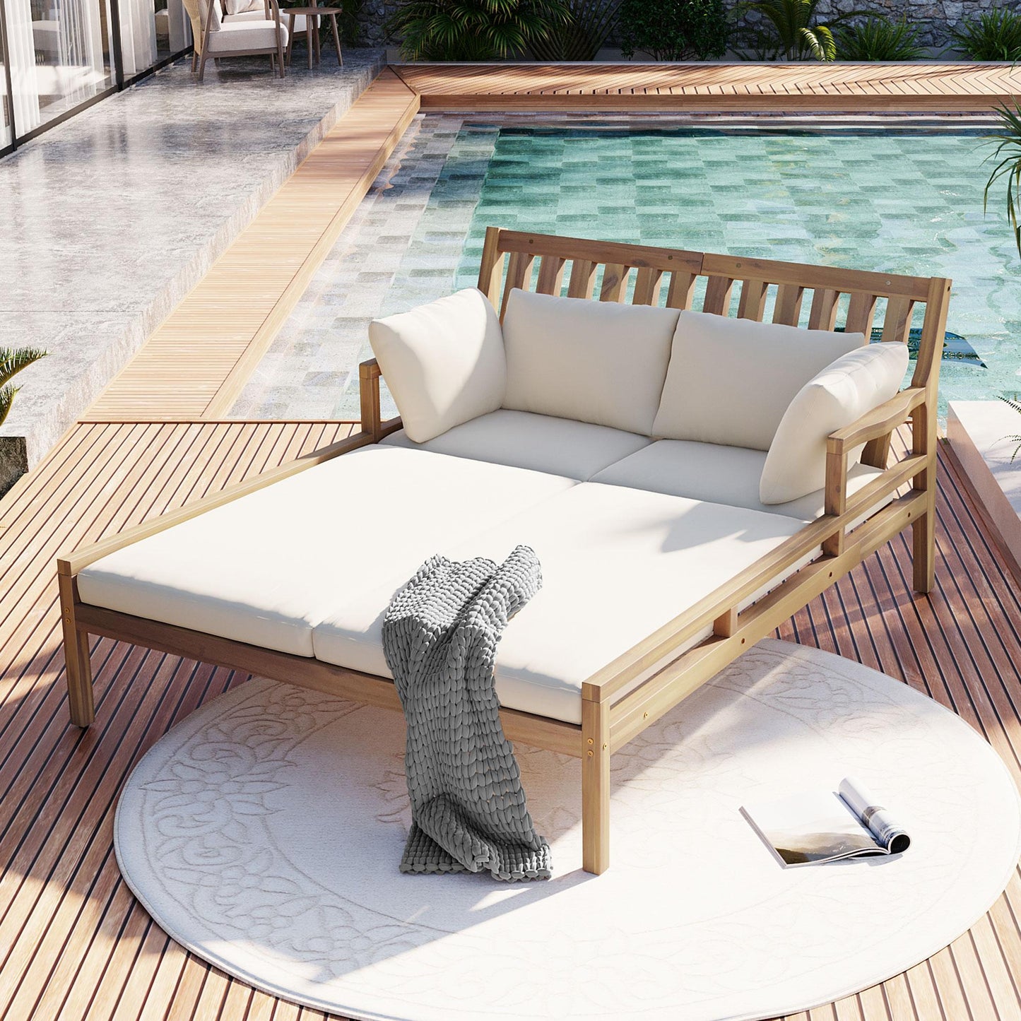 TREXM Outdoor Daybed, Patio Daybed with Four Pillows, Wooden Outdoor Bed with Curved Armrests for Poolside, Backyard, Garden (Light Teak+Beige Cushion)
