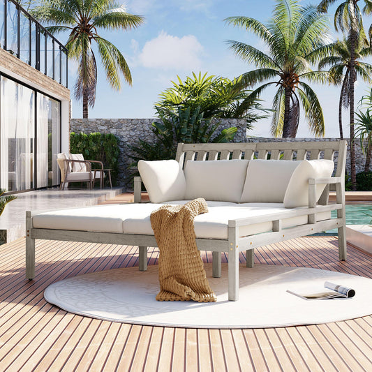 TREXM Outdoor Daybed, Patio Daybed with Four Pillows, Wooden Outdoor Bed with Curved Armrests for Poolside, Backyard, Garden (Gray+Beige Cushion)