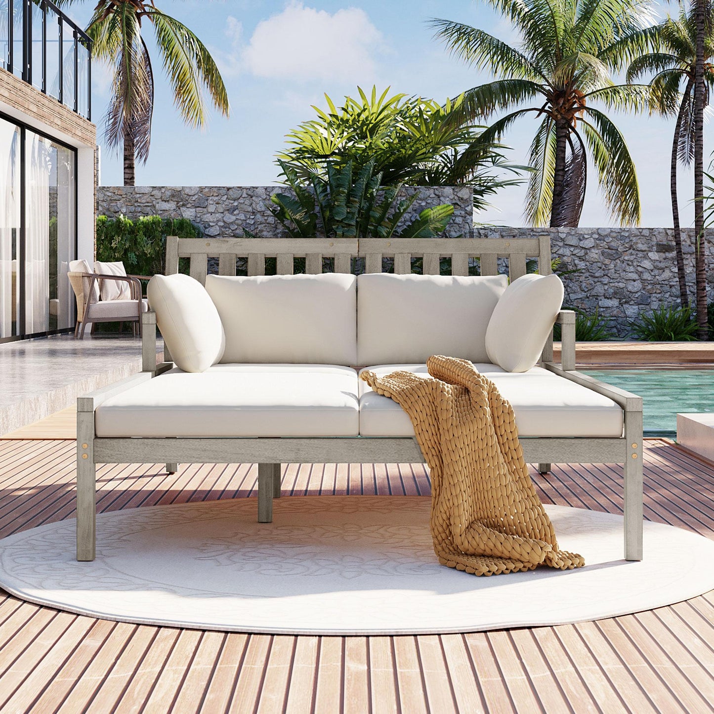 TREXM Outdoor Daybed, Patio Daybed with Four Pillows, Wooden Outdoor Bed with Curved Armrests for Poolside, Backyard, Garden (Gray+Beige Cushion)