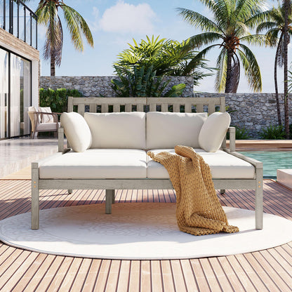 TREXM Outdoor Daybed, Patio Daybed with Four Pillows, Wooden Outdoor Bed with Curved Armrests for Poolside, Backyard, Garden (Gray+Beige Cushion)