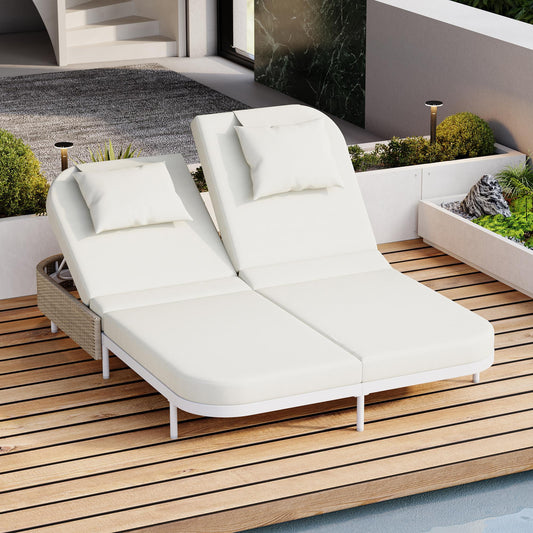 TREXM Outdoor Daybed, Patio Rattan Daybed with 5-Position Adjustable Backrest and Removable Cushions&Pillows, Iron Frame Outdoor Bed Loveseat for Garden, Backyard, Poolside (White Frame+Beige Cushion)