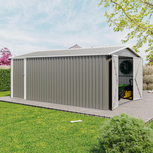 Campcraft  Outdoor Storage Shed 10×14 FT with 3 Lockable Doors,Utility Tool Shed Metal Storage Garden Sheds  Frame and 4 Vents,for Backyard,Patio,Lawn,Light Grey