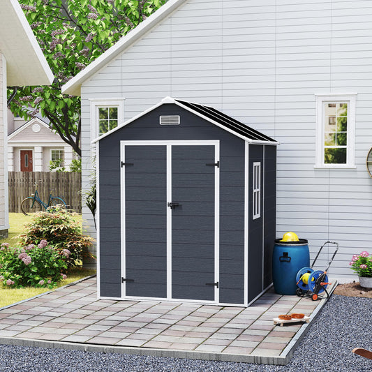 Campcraft 6*6ft resin storage shed, high quality pp material, strong structure, waterproof, rust and UV proof, large storage space, 12mm thick pp board, HD window lighting Dark gray