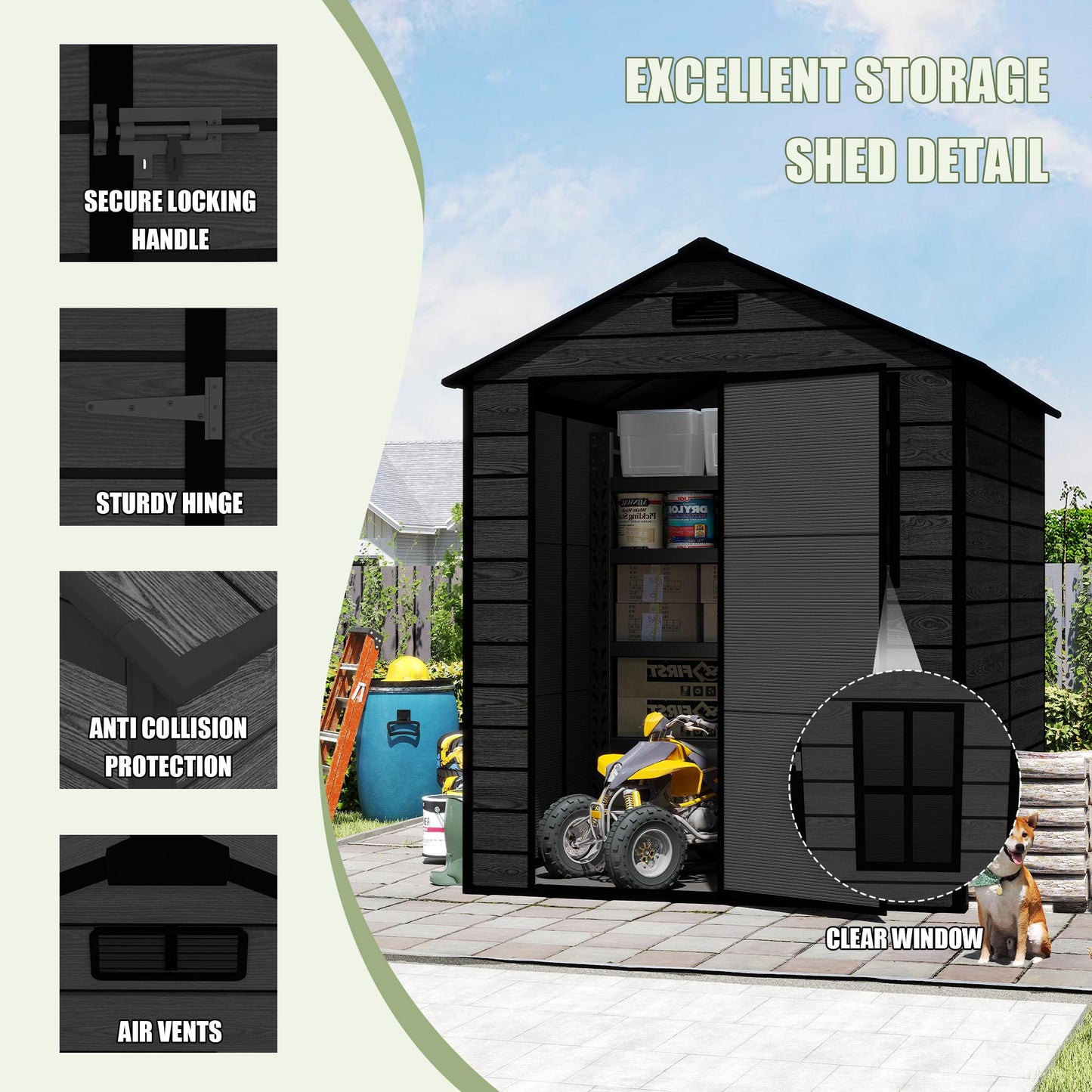 Campcraft 6*6ft resin storage shed, high quality pp material, strong structure, waterproof, rust and UV proof, large storage space, 12mm thick pp board, HD window lighting Black wood grain color